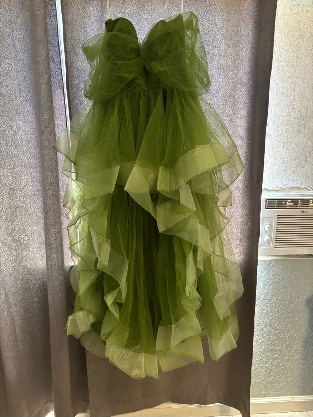 Olive Green Tiered Tulle Strapless Gown